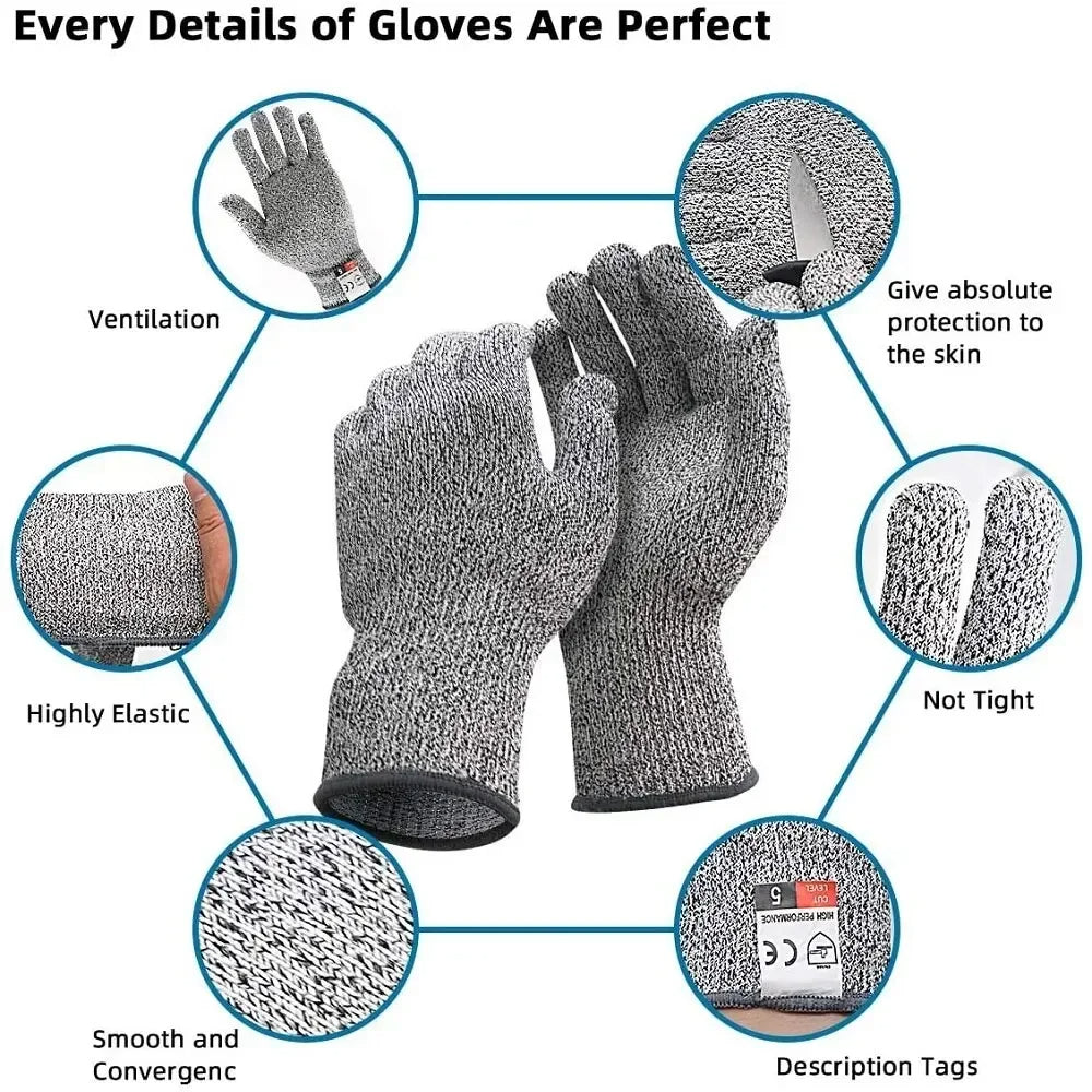 Pack of 3 Pair / Grade 5 Cut Resistant Gloves, Scratch Resistant HPPE Glass Cutting Safety Protection for Gardeners